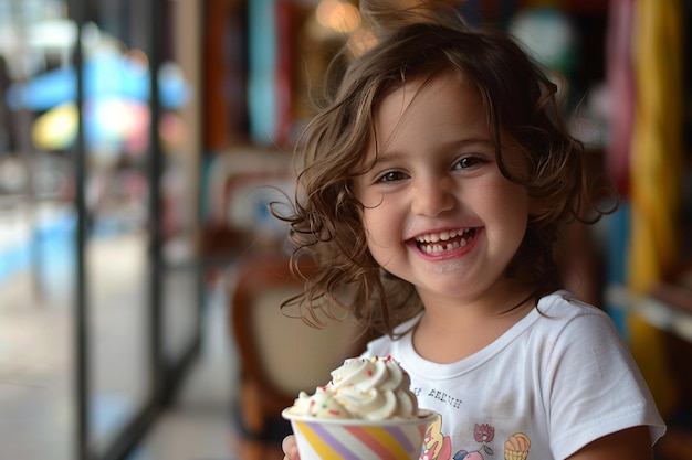 Foto ein glückliches kind genießt eine tasse eiscreme, die von ki generiert wurde