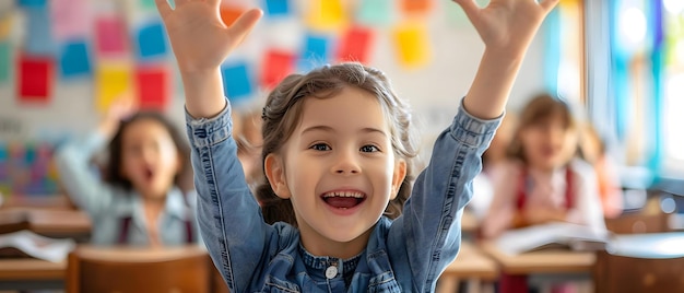 Ein glückliches Kind hebt in der Klasse die Hand, um zu sprechen. Konzept Kindesentwicklung Klassenzimmerdynamik Teilnahme der Schüler Bildungsstrategien