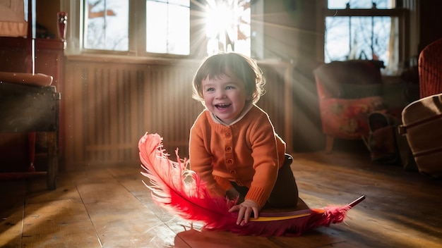 Ein glückliches Kind in einem orangefarbenen Pullover spielt mit einer Feder auf dem Boden