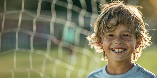 Ein glückliches Kind mit einem zähnigen Lächeln vor einem Fußballnetz mit grasbewachsenem Hintergrund