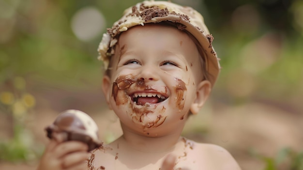 Ein glückliches Kind mit Eiscreme-Wangen, die mit Schokolade beschmiert sind
