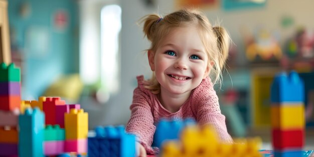 Ein glückliches Kind spielt mit farbenfrohen Bausteinen im Innenraum, ein lächelndes junges Mädchen mit kreativem Spielzeug, ein pädagogisches Spielkonzept, freudige Kindheitsmomente, die von der KI erfasst werden.