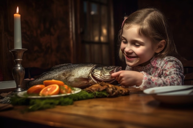 Ein glückliches kleines Mädchen, das am Esstisch Seebarsch füttert