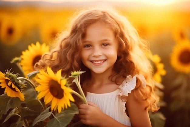 Ein glückliches kleines Mädchen geht auf einem Sonnenblumenfeld, ein Kind spielt mit einer großen Blume und hat Spaß.