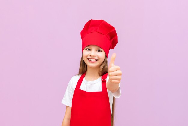 Ein glückliches kleines Mädchen in einem Kochkostüm ist sehr glücklich und lächelnd, das Mädchen liebt es sehr, den Lehrern in der Küche zu helfen