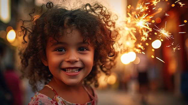 Ein glückliches kleines Mädchen lächelt im Urlaub mit einem Funkeln in den Händen Porträt eines Kindes Feierliche Atmosphäre