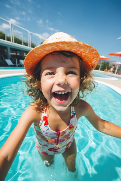 Ein glückliches kleines Mädchen macht ein Selfie in einem Außen-Schwimmbad