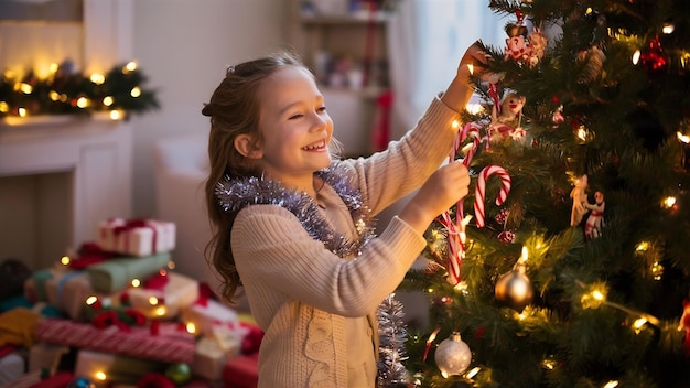 Ein glückliches kleines Mädchen schmückt am Abend zu Hause einen Weihnachtsbaum