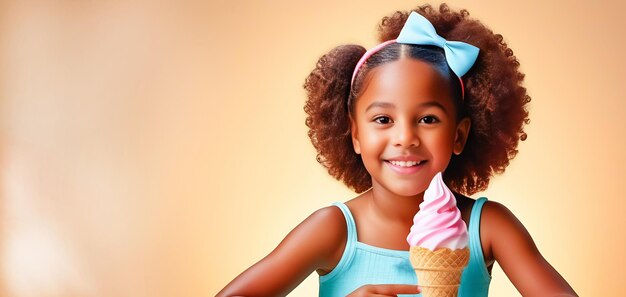 Ein glückliches kleines schwarzes Mädchen hält eine Erdbeereistüte in der Hand und ein Banner in Großaufnahme