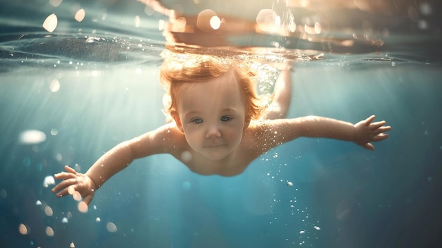 Ein glückliches Kleinkind schwimmt gemütlich unter Wasser in einem Pool