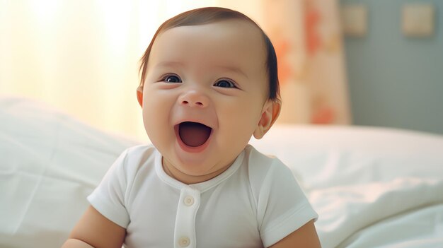 Ein glückliches, lächelndes Baby liegt auf dem Bett, das mit generativer KI-Technologie erstellt wurde
