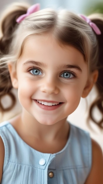 Ein glückliches, lächelndes, charmantes Mädchen mit einer Frisur in zwei Pferdeschwänzen Porträt eines glücklichen Kindes