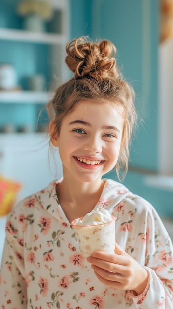 Ein glückliches, lächelndes Mädchen genießt Joghurt zum Frühstück und strahlt Zufriedenheit und Befriedigung mit ihrer Frühstücksmahlzeit aus