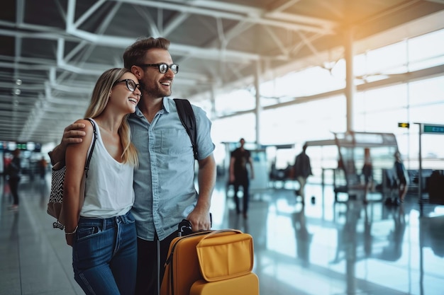 Ein glückliches, lächelndes Paar am Flughafen