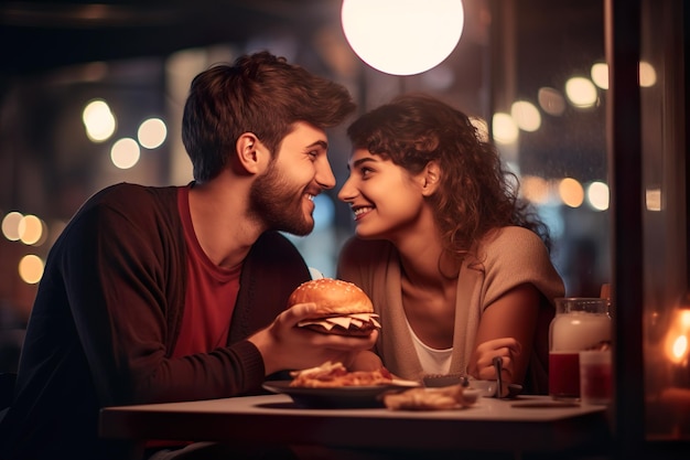 ein glückliches liebendes Paar genießt ein Fast-Food-Abendessen im Freien
