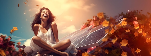 Ein glückliches Mädchen im Hintergrund eines Solarpanels, einer alternativen Energiequelle