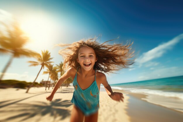 Ein glückliches Mädchen in Midrun auf einem sonnigen Strand, ihr Haar wild vom Wind.