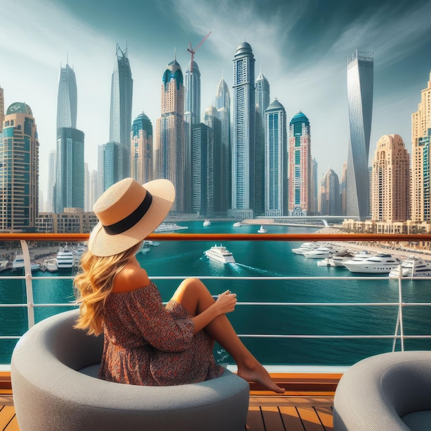 Ein glückliches Mädchen-Touristenstadtbild in Dubai mit dem
