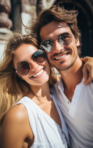 Ein glückliches Modepaar macht im Sommer Selfies mit hellen, festen, hellen Kleidungsstücken