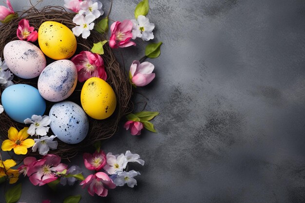 Foto ein glückliches osternkonzept mit ostereiern und blumen