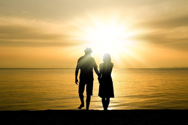 Ein glückliches Paar am Meer in der Natur in einer Reise-Silhouette