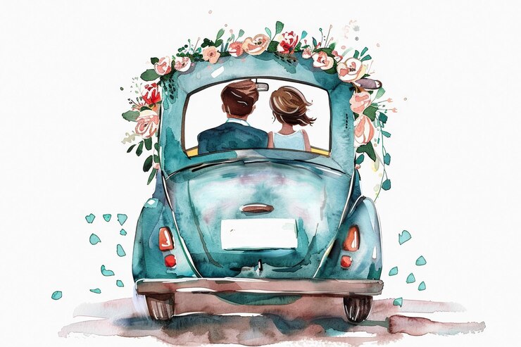 Foto ein glückliches paar begibt sich auf ihre heiratsreise in einem geschmückten auto charming ink watercolor ill