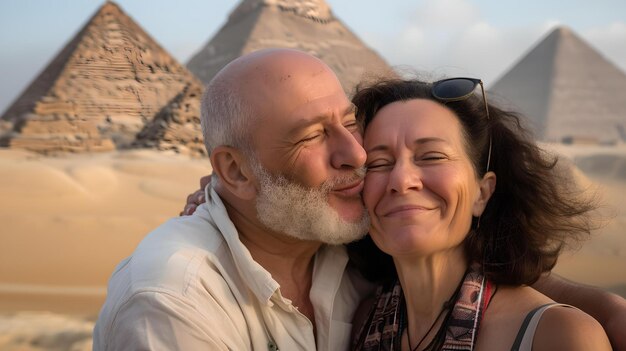 Ein glückliches Paar, das sich vor den Pyramiden umarmt, lächelnde Touristen, die Ägypten genießen, erfassen einen Moment der Freude und Liebe.