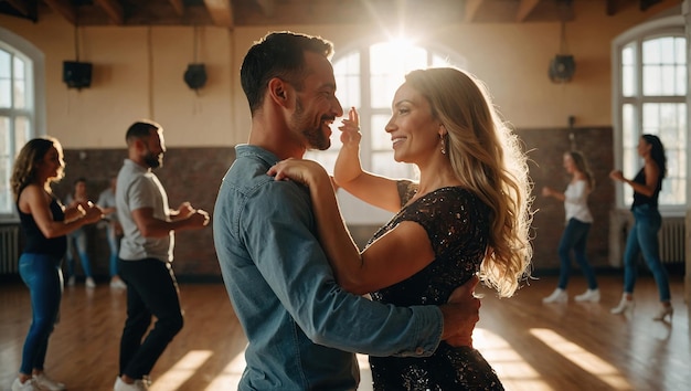 Foto ein glückliches paar, ein mann und eine frau, tanzen einen leidenschaftlichen bachata-tanz im studio