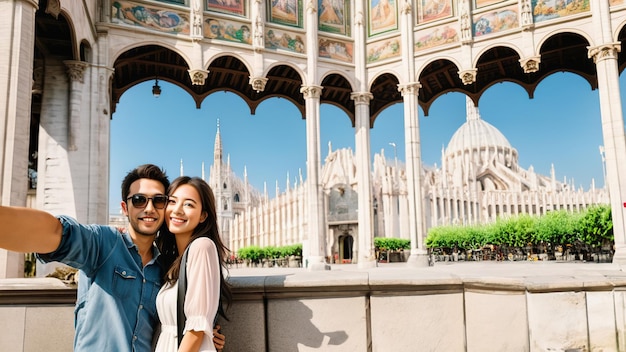 Ein glückliches Paar macht ein Selfie, zwei Touristen haben Spaß bei einem romantischen Sommerurlaub, einem Urlaub und einem Reisekonzept.