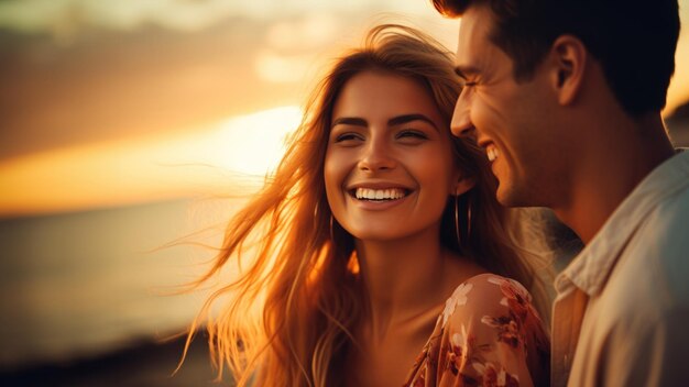 Ein glückliches Paar mit einem schönen Moment am Strand in der goldenen Stunde