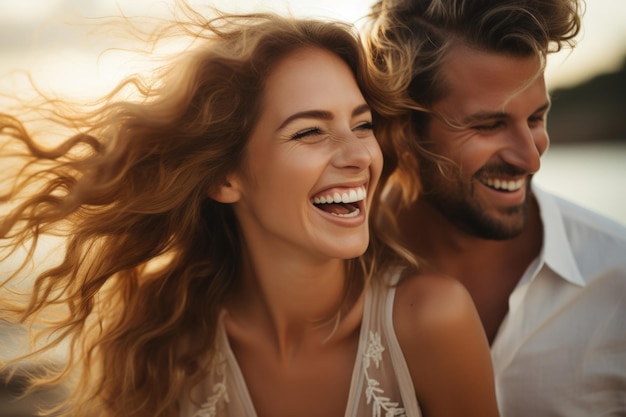 Ein glückliches Paar mit einem schönen Moment am Strand in der goldenen Stunde