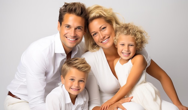 Ein glückliches Paar mit Kindern wird im Studio in weißer Kleidung fotografiert