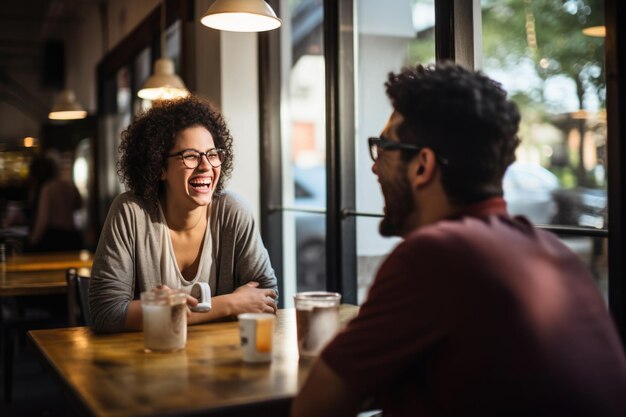 Ein glückliches Paar mittleren Alters, ein Mann und eine Frau in Brillen, die lachen und an einem Tisch in einem Café sitzen