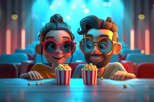 Ein glückliches Paar schaut sich einen Film im Kino an. Ein junger Mann und eine junge Frau mit Popcorn in Papierbechern lachen und haben Spaß. 3D-Cartoon-Illustration