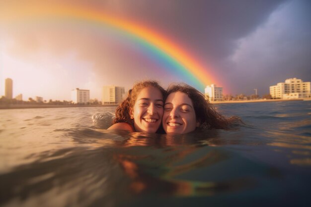 Ein glückliches Paar schwimmt bei der LGBTQ-Pride-Parade in Tel Aviv Israel Israel Pride Month Celebration