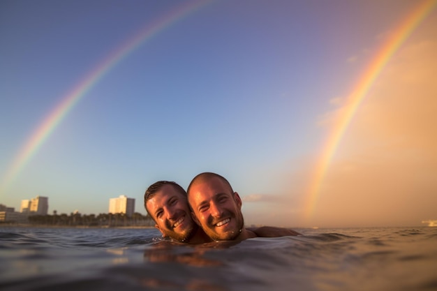 Ein glückliches Paar schwimmt bei der LGBTQ-Pride-Parade in Tel Aviv Israel Tel Aviv Israel Pride Month