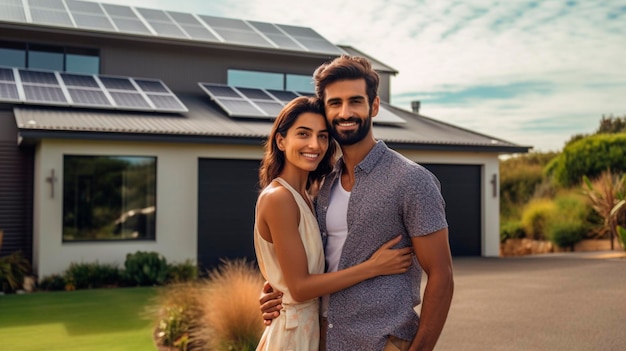 Ein glückliches Paar steht lächelnd auf der Einfahrt eines großen Hauses mit installierten Solarpanelen.