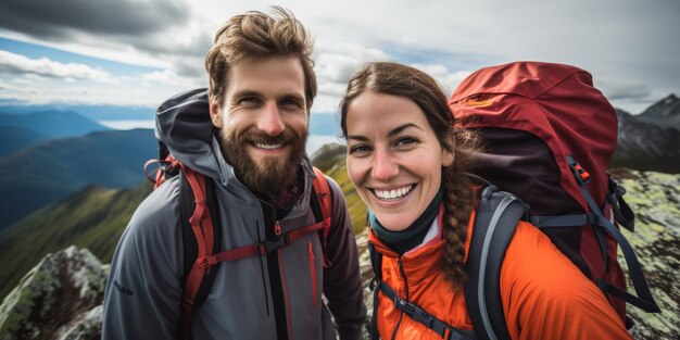 Ein glückliches Paar Touristen wandert in den alpinen Bergen generative KI