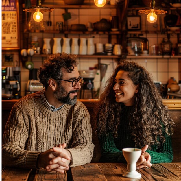 Ein glückliches Paar unterhält sich in einem Café