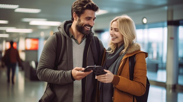 Foto ein glückliches paar von reisenden im flughafen erhält digitale informationen über mobiltelefonen ein schönes paar reist um die welt, kopiert platz für text