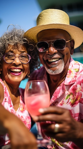 Foto ein glückliches pensioniertes paar trinkt cocktails und lächelt im urlaub