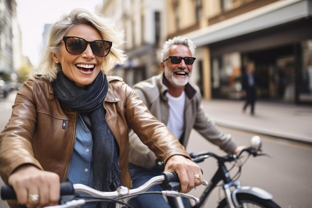 Ein glückliches, reifes Paar fährt mit dem Fahrrad durch die Stadt