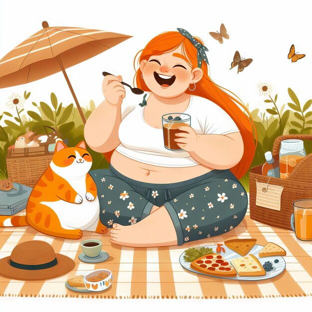 Ein glückliches rothaariges, dickes Mädchen mit einer Katze bei einem Picknick isst mit Appetit Flachstil