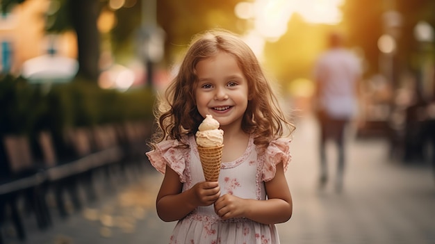 ein glückliches, schönes, brünettes kleines Mädchen mit Eis in der Hand