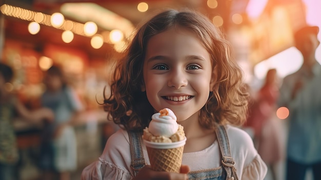 ein glückliches, schönes, brünettes kleines Mädchen mit Eis in der Hand