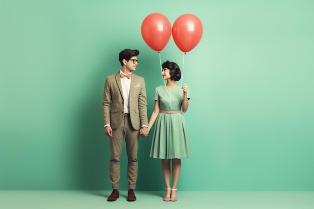 Ein glückliches, schönes Paar schaut sich an und hält Ballons am Valentinstag