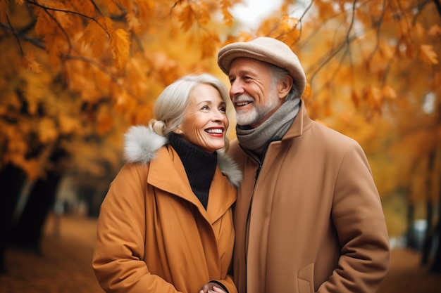 Ein glückliches Seniorenpaar im Herbstpark, das seine Zeit im Ruhestand verbringt.