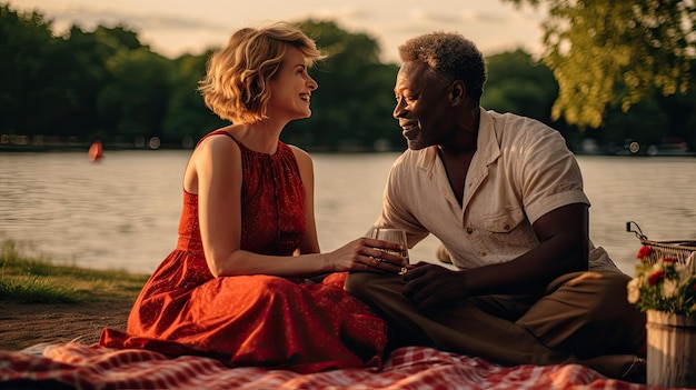 Ein glückliches Seniorenpaar ruht sich im Freien aus, zwei ältere Menschen machen am Valentinstag zusammen ein Picknick.