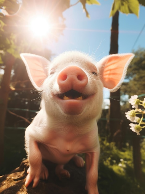 Ein glückliches, süßes Schwein an einem Sommertag