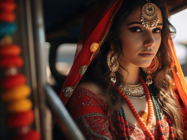 Ein glückliches Teej-Festival, das eine indische Frau feiert.